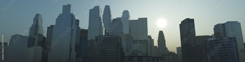 City at sunrise in the rays of the sun, skyscrapers in the morning in the rays of light, 3d rendering