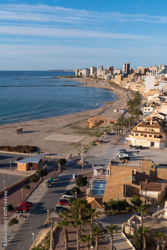 El Campello Costa Blanca Alicante Spain near Benidorm elevated view of town beach and seafront with blue sea and sky