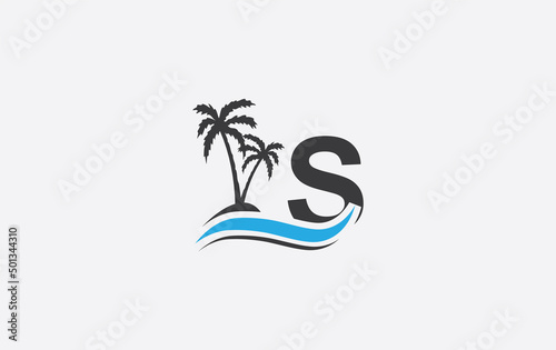 Nature water wave and beach tree vector art logo design with the letter and alphabet