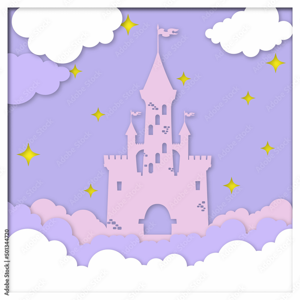 Layered paper cut Castle. Cartoon colorful castle paper craft style. shadow box