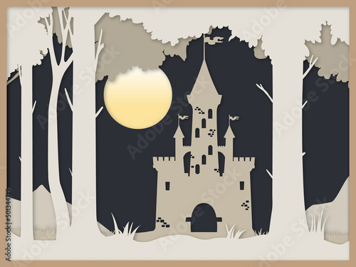 Cartoon castle. Layered paper cut design. Paper crafting, shadow box