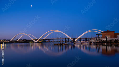 Waning Moon Over the Frederick Douglas Bridge and Anacostia River at Dawn on a Spring Morning