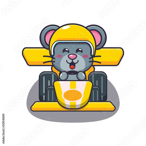 cute mouse mascot cartoon character riding race car