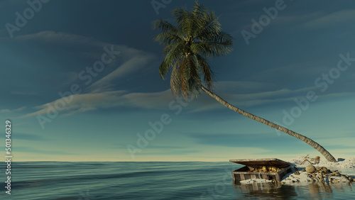 Caribbean treasure island with coconut palm tree and harsh summer sunlight on skeletal remains of a pirate sailor and his gold coins. fantasy scenic landscape 3D rendering.