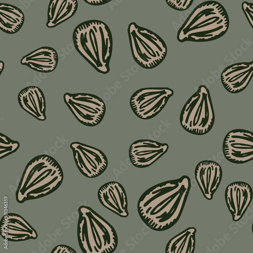 Seamless pattern engraved seeds. Vintage background plants kernels in hand drawn style. Botanical sketch.