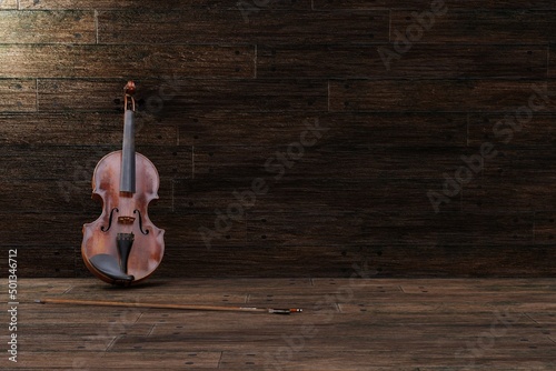 Violin on wooden floor background. Musical instrument template. Vintage violin with copy space. © Itsanan