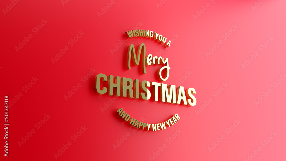 3D illustration of Merry Christmas and Happy New Year wishes in gold on red background
