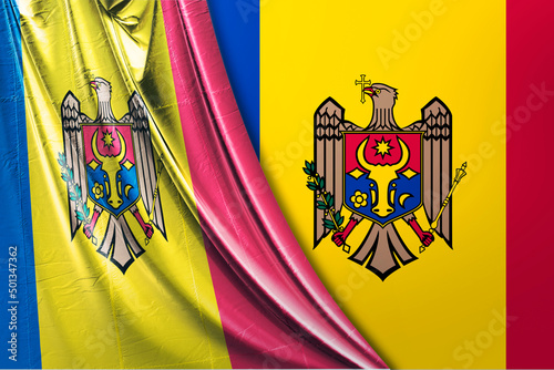 Flag of Moldova The national flag of the Republic of Moldova (Romanian: Drapelul Moldovei) is a vertical triband of blue, yellow, and red, charged with the coat of arms of Moldov photo