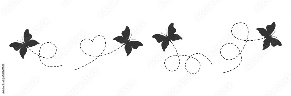 Butterflies set. Butterfly silhouette flying on dotted route. Beauty insects with open wings. Vector isolated on white background.