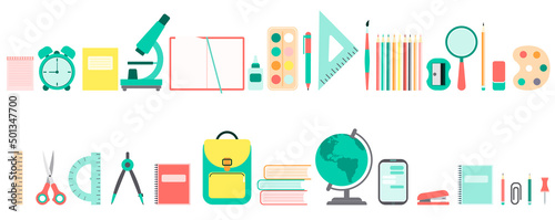 Flat design of school tools, supplies, stationery . Set of colored icons, pictograms. Pen, globe, backpack, ruler, book, brush, pencil and other items. Vector illustration isolated on white