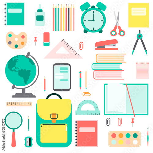 Flat design of school  tools, supplies, stationery . Set of colored icons, pictograms. Pen, globe, backpack, ruler, book, brush, pencil and other items. Vector illustration isolated on white
