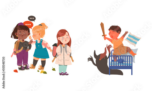 Childhood fears set. Little boys fighting with scary monsters, classmates bullying stressed crying girl vector illustration
