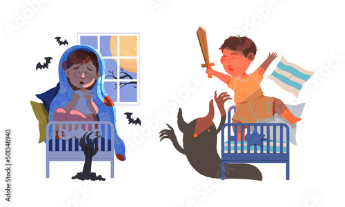 Childhood fears set. Little boys fighting with scary monsters. Girl sitting on bed hiding from monsters under blanket vector illustration
