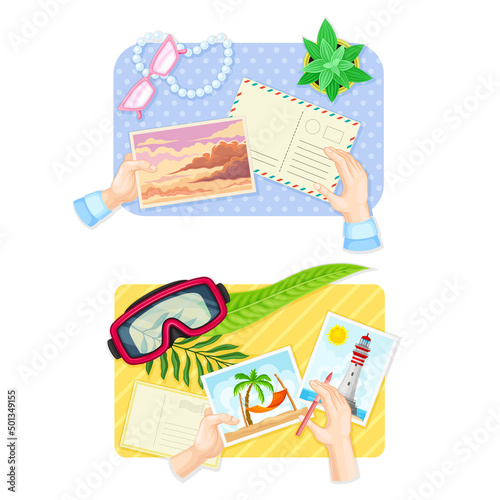 Top view of hands signing postcards set vector illustration
