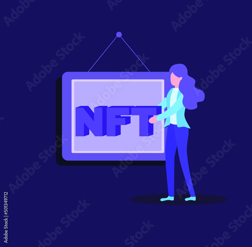 Vector illustration. NFT background. The concept of digital technologies. Crypto art. A woman installs the NFT sign on the frame.