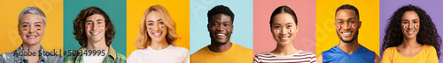 Fotografi Collection of multiracial men and women faces with painted glags