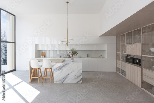 luxury interior design of modern trendy snow white kitchen in minimalistic style with island and two bar stools. huge windows to the floor and a glass rack for dishes