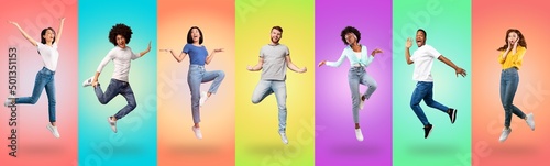 Multinational young people having fun over colorful studio backgrounds, collage © Prostock-studio