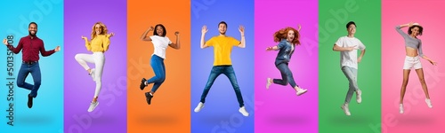 Collage of emotional young people jumping on colorful studio backgrounds photo