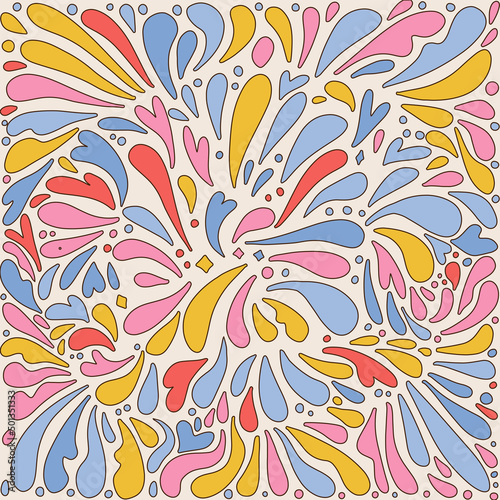 Water Drops abstract background woth teardrop shapes in blue, red, yellow and pink color. Hand drawn vector linear illustration.
