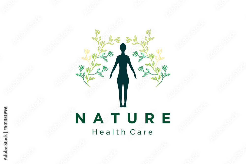 Silhouette woman, sun, and leaves for Awakening Empowering Wellness Woman relationship with Nature Logo design