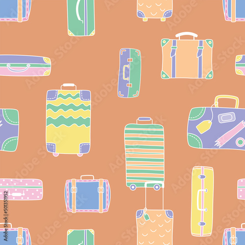 Seamless pattern with suitcases. Hand-drawn flat vector illustration. The concept of travel.
