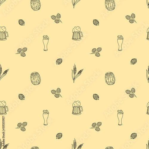 Seamless pattern with beer mugs and spikelets. One-color contour flat vector illustration, hand-drawn.