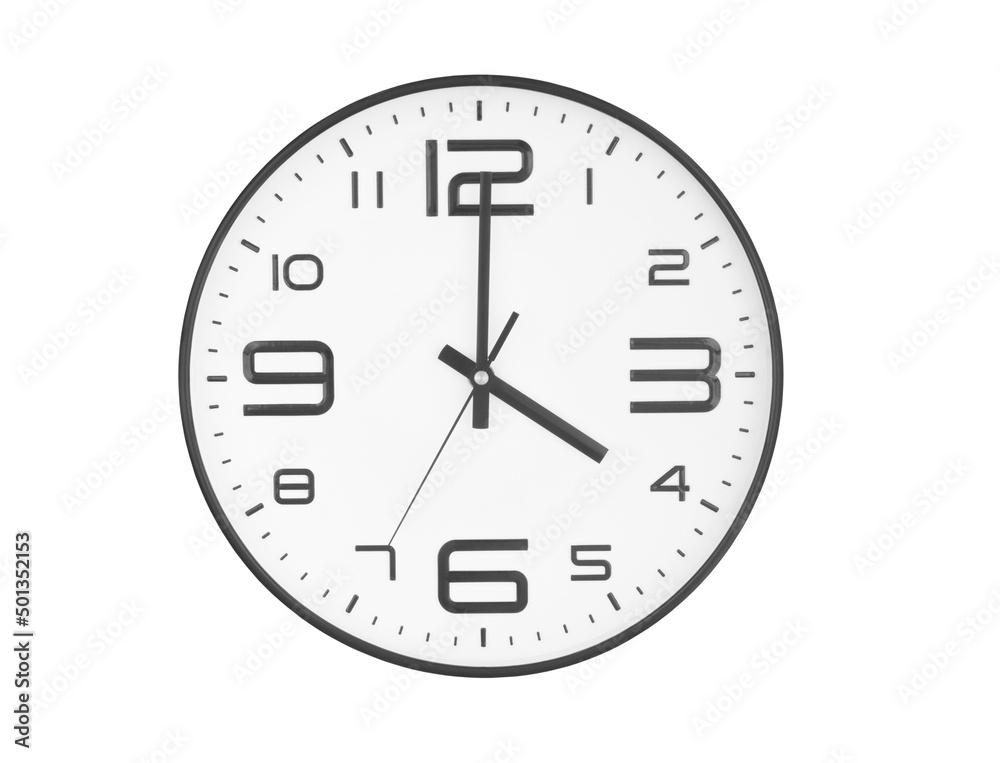 Black and white round wall clock isolated on white background, time 4 ...