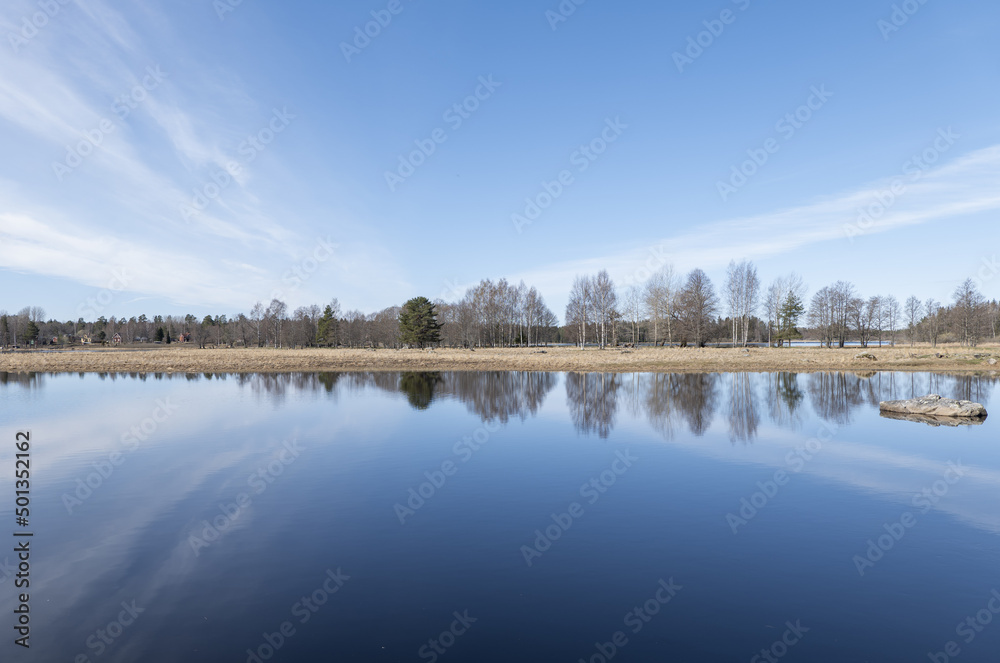 Obraz premium Calm lake reflection in springin a sunny day.