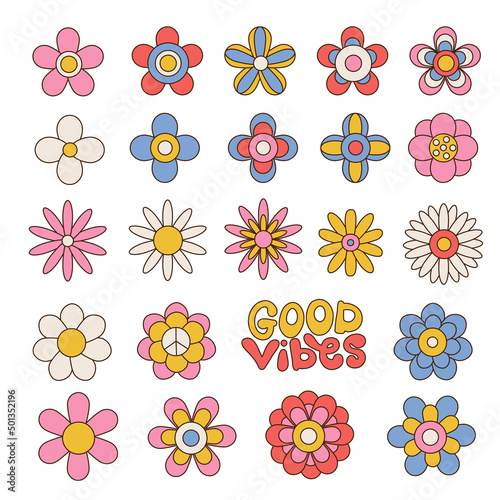 Big set of colorful floral geometric daisies. Groovy flowers collection in 70s hippie aesthetic. Funny multicolored botanical art print elements. Linear hand drawn vector illustration.