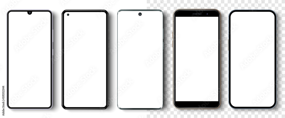 High quality realistic trendy no frame smartphone with blank white screen. Mockup phone for visual ui app demonstration. High detailed phone in front view isolated on a white background. - obrazy, fototapety, plakaty 