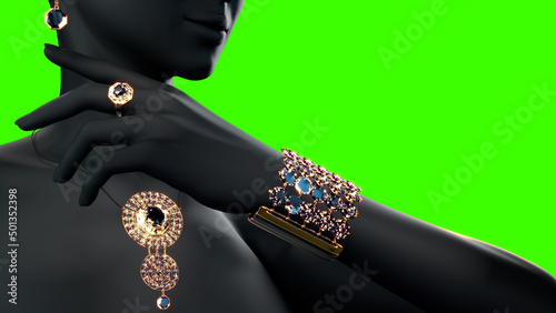 Fotografija bijouterie set - gold chaplet ring wristlet and eardrop with diamond gem stones,