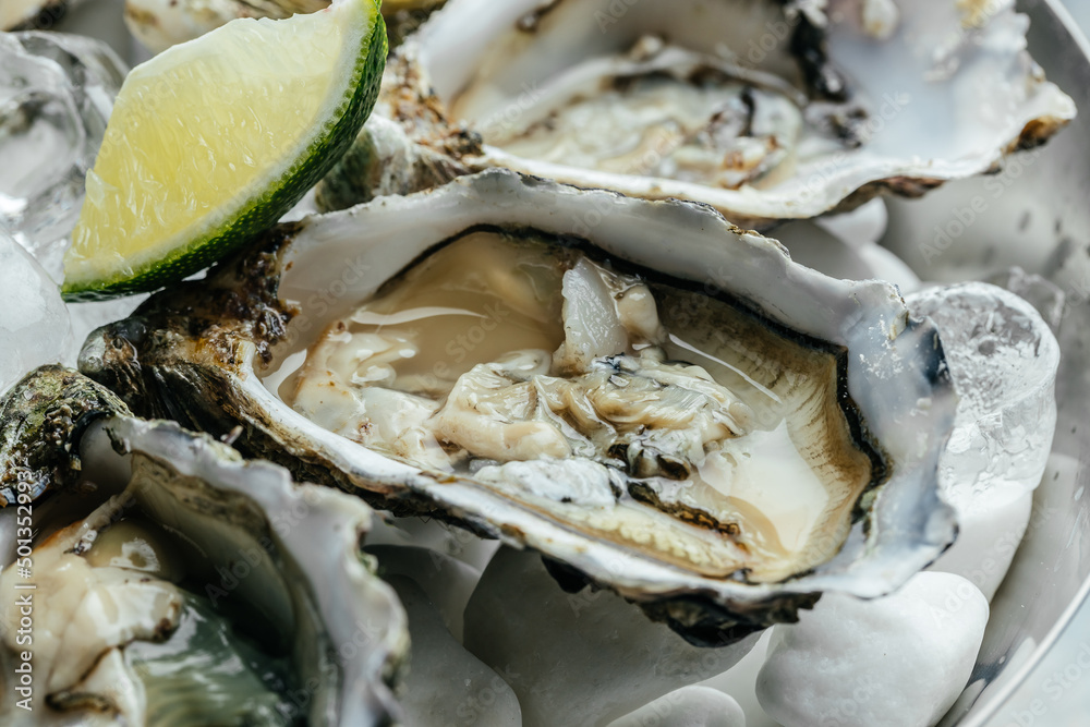 Fresh oysters with lime on a round plate. seafood dish. Oyster on the half shell. Restaurant menu, dieting, cookbook recipe Fresh oysters with lime on a round plate. seafood dish. Oyster on the half shell. Restaurant menu, dieting, cookbook recipe