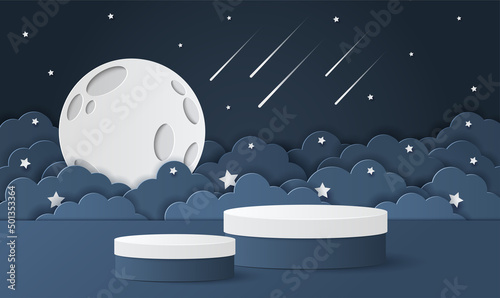 Paper cut of dark blue color cylinder podium for products display presentation. Night clouds and moon with shooting star for baby boy shower card