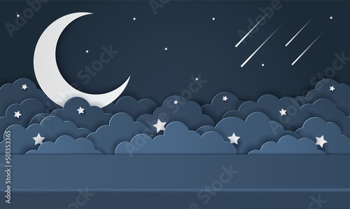 Paper cut of studio table room for products display presentation. Night clouds and crescent moon with shooting star for baby boy shower card