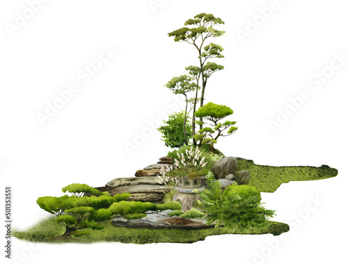 Canvas Print A Japanese landscape with a garden stone lantern, herbs, stones, green bushes, trees and a stone path hand drawn in watercolor on a white background