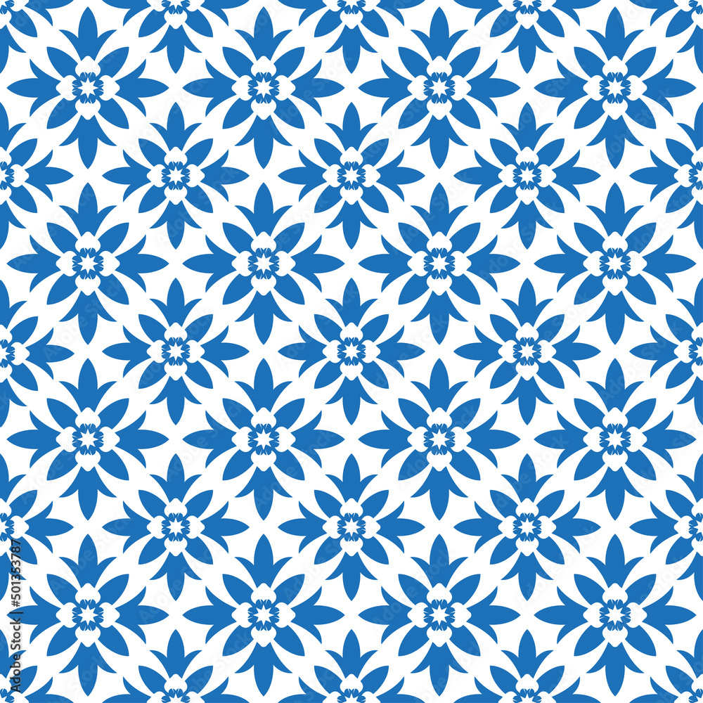 Abstract seamless pattern with blue geometric shapes. Bohemian fashion print. Ethnic fabric design. Batik