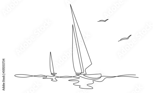 Yachts on sea waves. Seagull in the sky. Draw one continuous line illustration. Isolated on white background