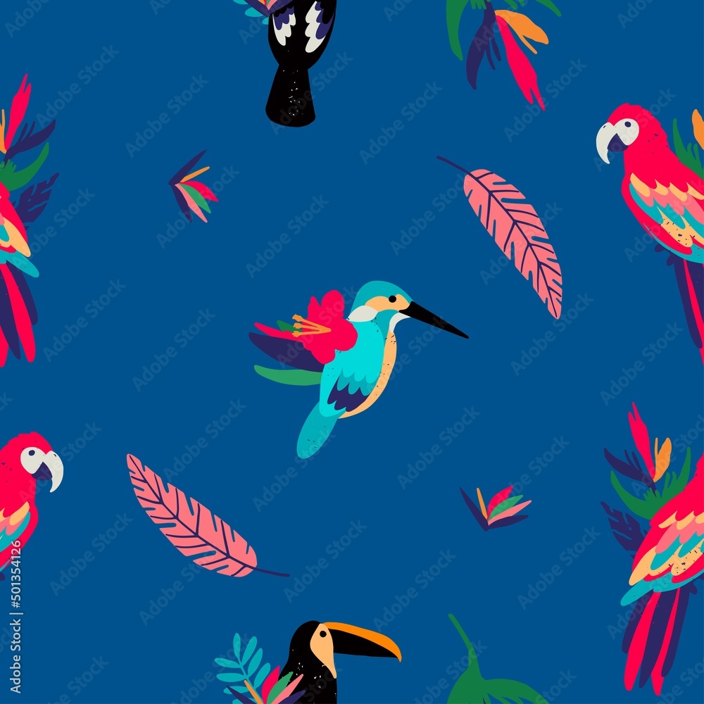 Vector seamless pattern with exotic bird and tropical plants. on blue background. Design for fabric, wallpaper, textile and decor. 