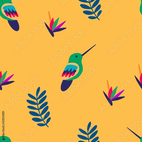 Yellow seamless pattern with exotic birds and plants. Design for fabric  wallpaper  textile and decor.