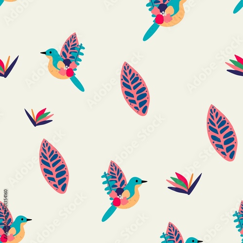 Vector seamless pattern with exotic bird and tropical plants. Design for fabric, wallpaper, textile and decor. 