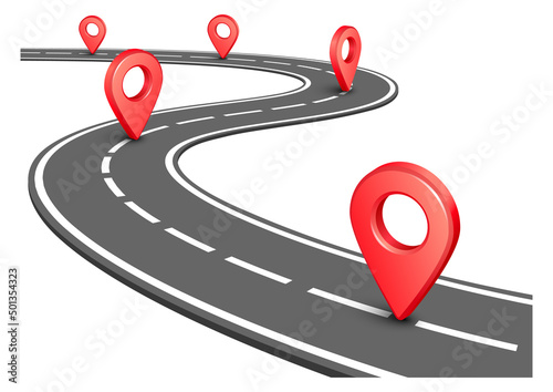 Road with red geo pins. Destination points way