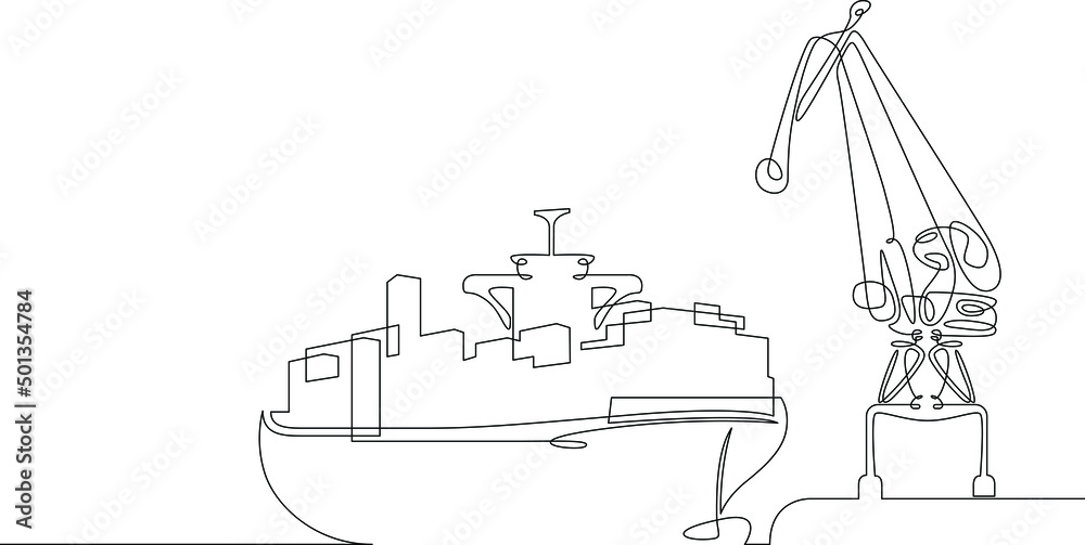 One continuous line. Cargo seaport. Pier with loading cranes. Unloading arrived cargoes. Port dock. Container ship unloading.One continuous line drawn isolated, white background.