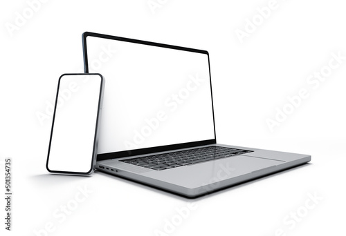 Laptop and smartphone device with blank screen, isolated on white background