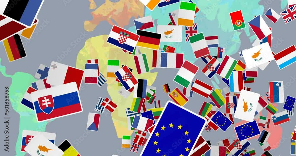 Animation of national flags over world map
