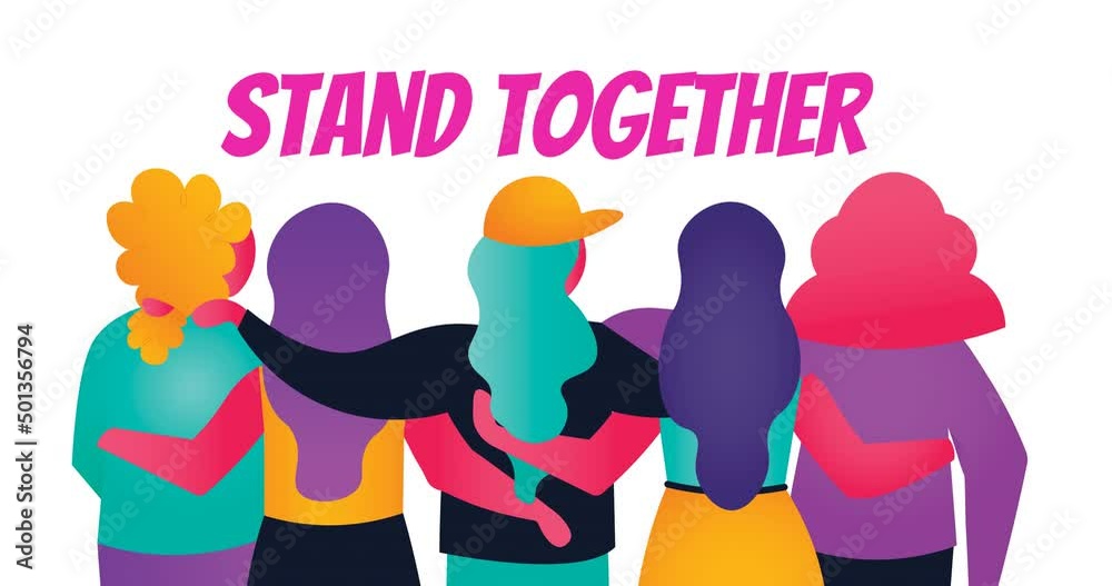 Animation of stand together text and women icons on white background Animation of stand together text and women icons on white background