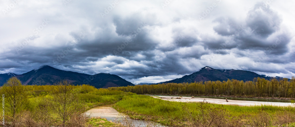 Skagit river with mountains and clouds