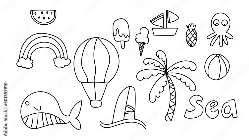Hand drawn line summer elements .isolated on white background ,Vector illustration EPS 10