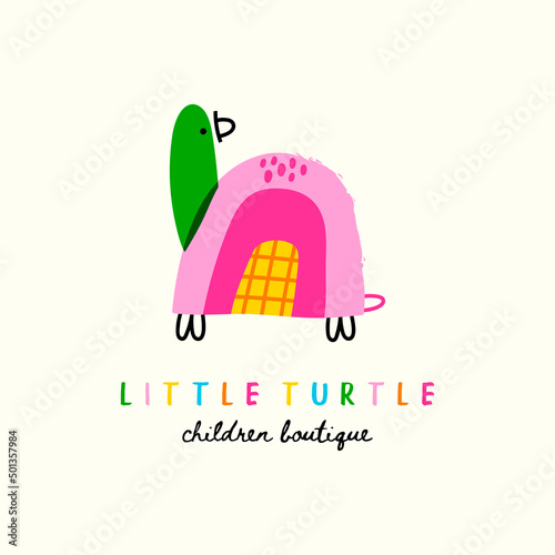Little turtle. Cute reptile. Childish style drawing. Hand drawn colorful Vector illustration. Kindergarten, children boutique, elementary school logo template. Bright isolated icon