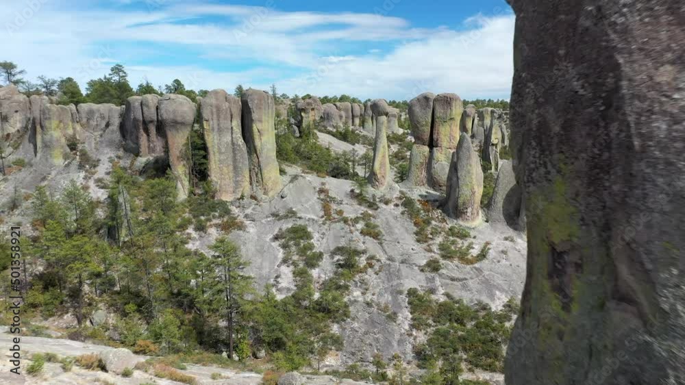 Rock formations of Valle de los Monjes, Chihuahua, low forward aerial Rock formations of Valle de los Monjes, Chihuahua, low forward aerial